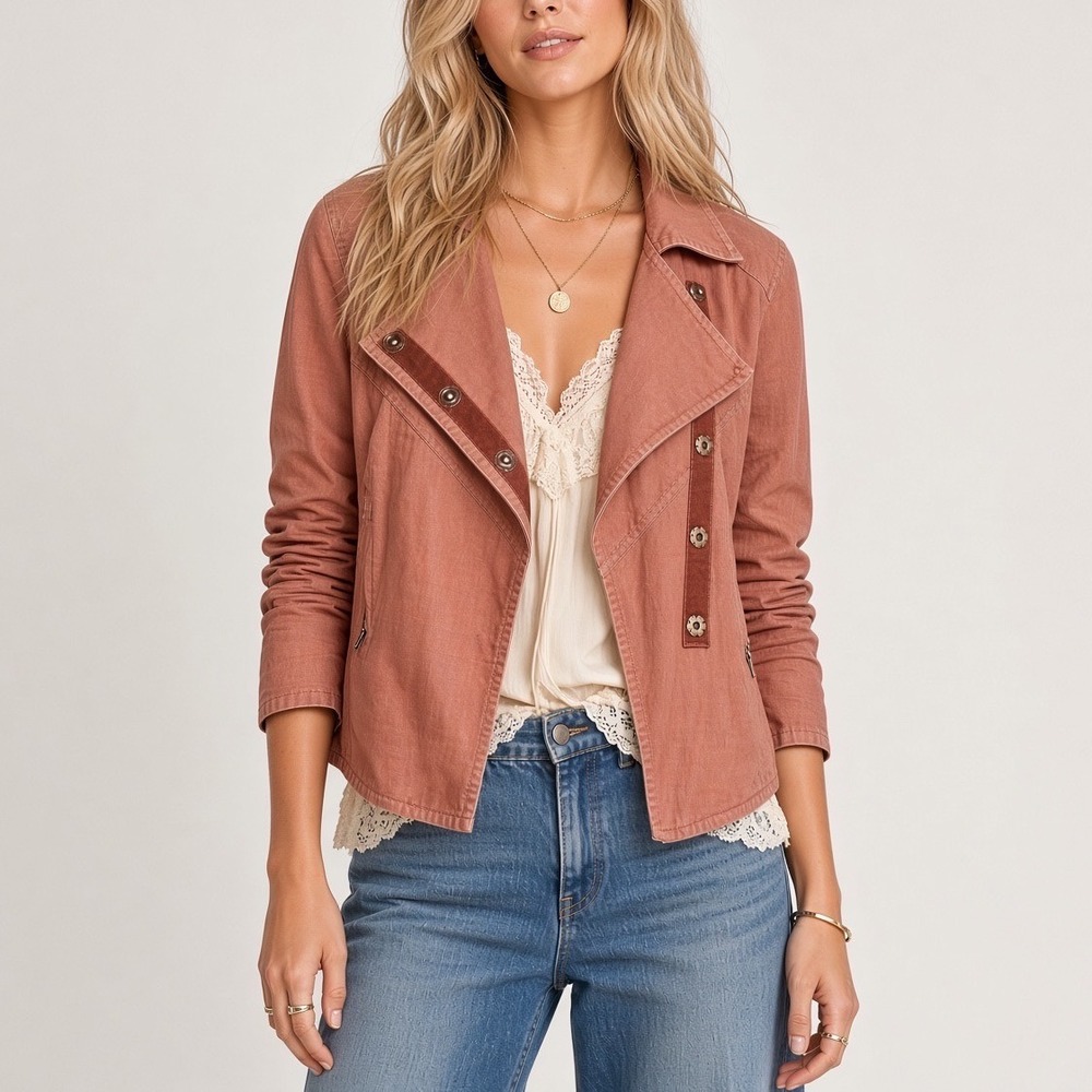 Free People Washed Linen Moto Jacket Rosewood Pink Coral XS Coat Utility